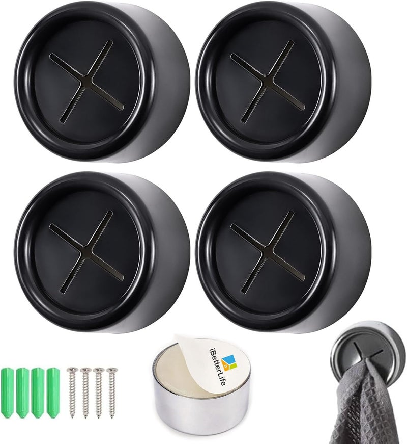 Zezhou iBetterLife Adhesive Kitchen Towel Hooks - 4 Pack Dish Towel Holder for Cabinet, Push Hand Towel Hook, Dish Cloth Rag Holder for Home Bathrooms, Kitchens, Garages, RV, Within Easy Reach, Matte Black - Image 1